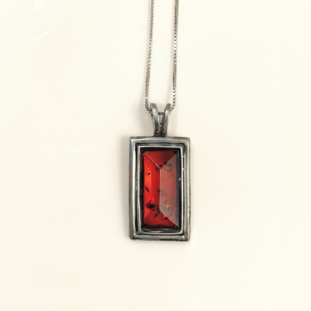 Vintage .925 Sterling Silver and Amber Rectangular pendant necklace